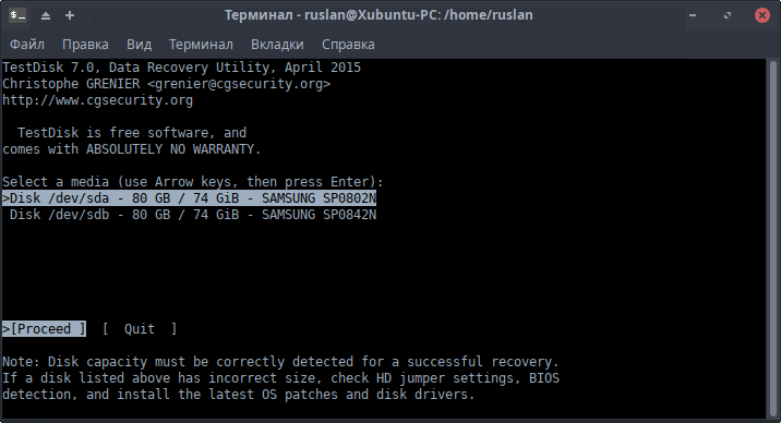 TestDisk показывает имеющиеся диски в системе.