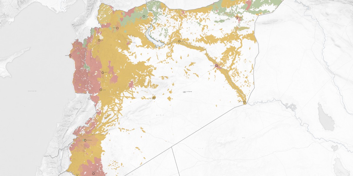 Демографическая карта Сирии. Источники: The New York Times; Dr. Michael Izady for the Atlas of the Islamic World and Vicinity (New York, Columbia University, Gulf 2000 Project: 2006-present).