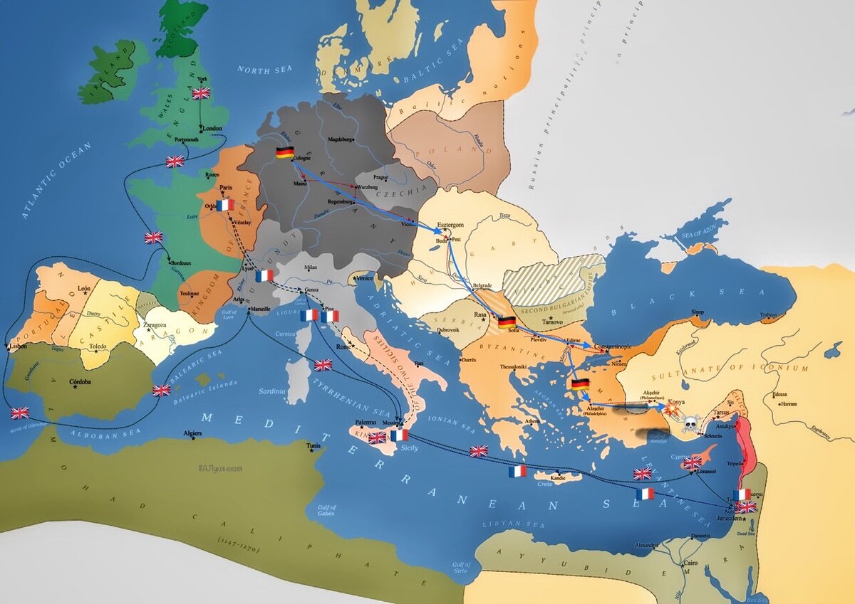 Карта Третьего крестового похода, гибель Барбароссы (вверху)  и маршруты королей (увеличь)