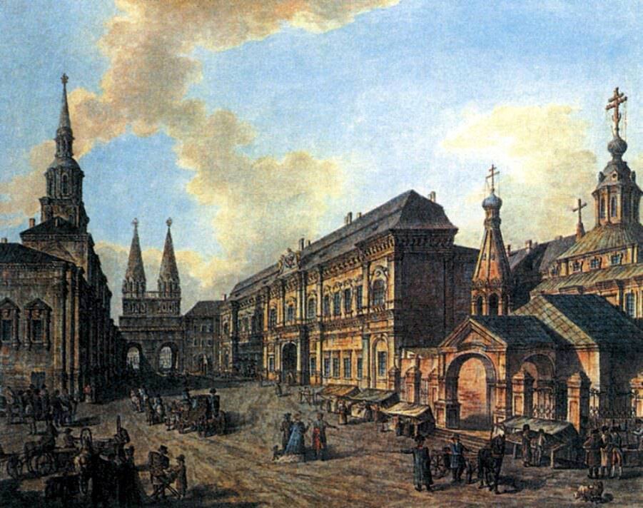 Фёдор Яковлевич Алексеев. Северная сторона Красной Площади. Здание Земского приказа, Воскресенские ворота, Монетный двор и Казанский собор. 1802 год. 