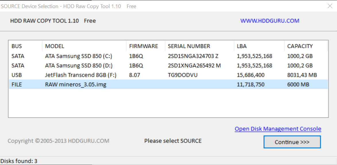 Запись образа при помощи HddRawCopy
