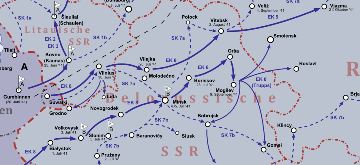 Карта движение айнзатцкоманд. Коды SK 7A, EK 8, SK 7B – это закодированные айнзатцкоманды и маршруты из передвижения.