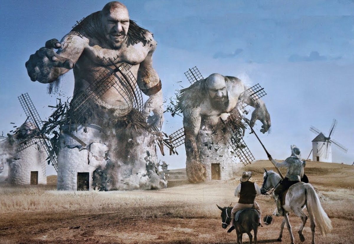 "Эти великаны сейчас задавят мир своей дезинформацией! В атаку, Санчо!"