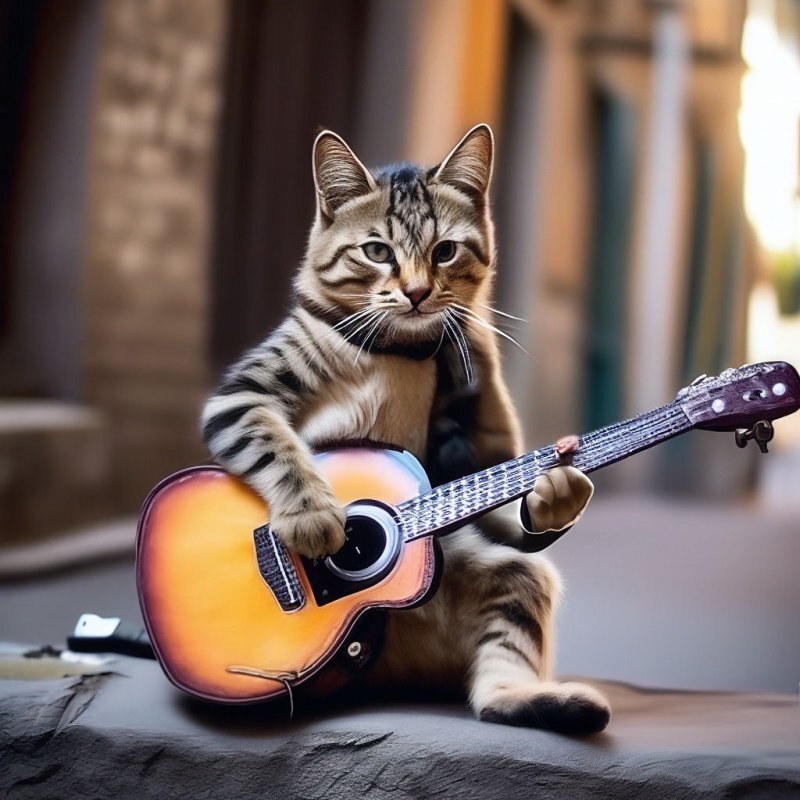    Изображение, созданное нейросетью "Шедеврум" по запросу "Уличный кот играет на гитаре".