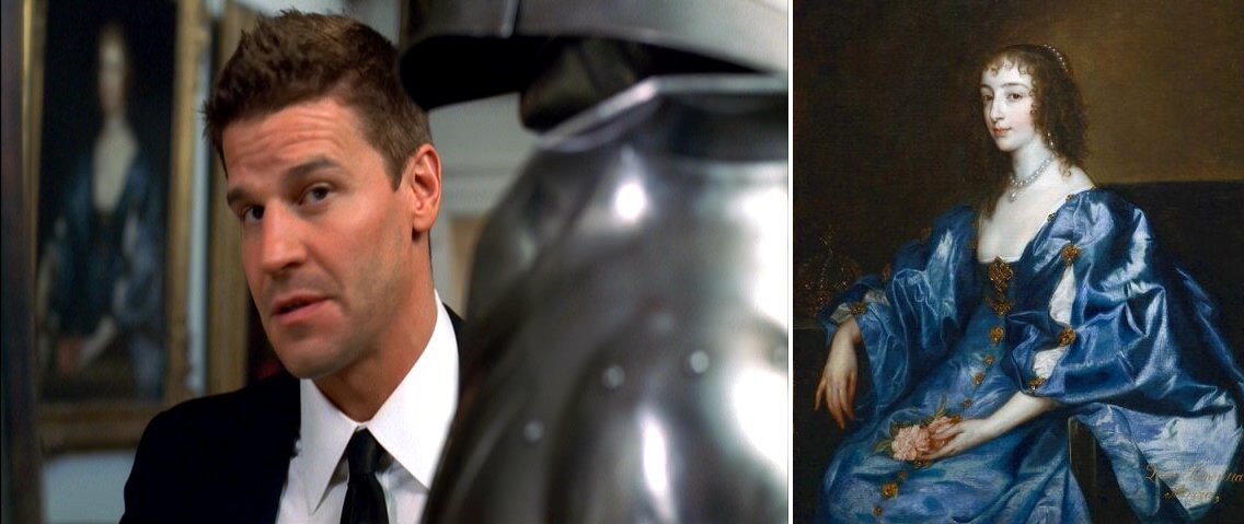 Кадр из сериала "Кости" (2008) и портрет королевы Генриэтты-Марии кисти Антониса ван Дейка (1636) из коллекции Художественного музея Сан-Диего