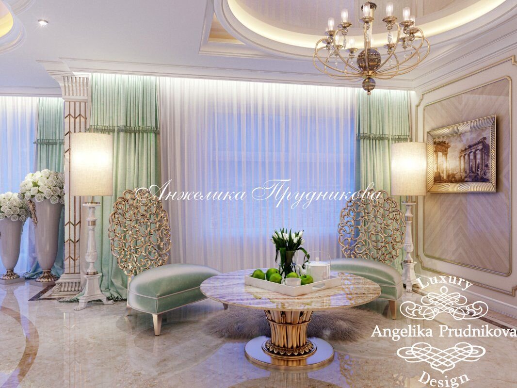 На фото: Гостиная в квартире с размытыми нефритовыми акцентами