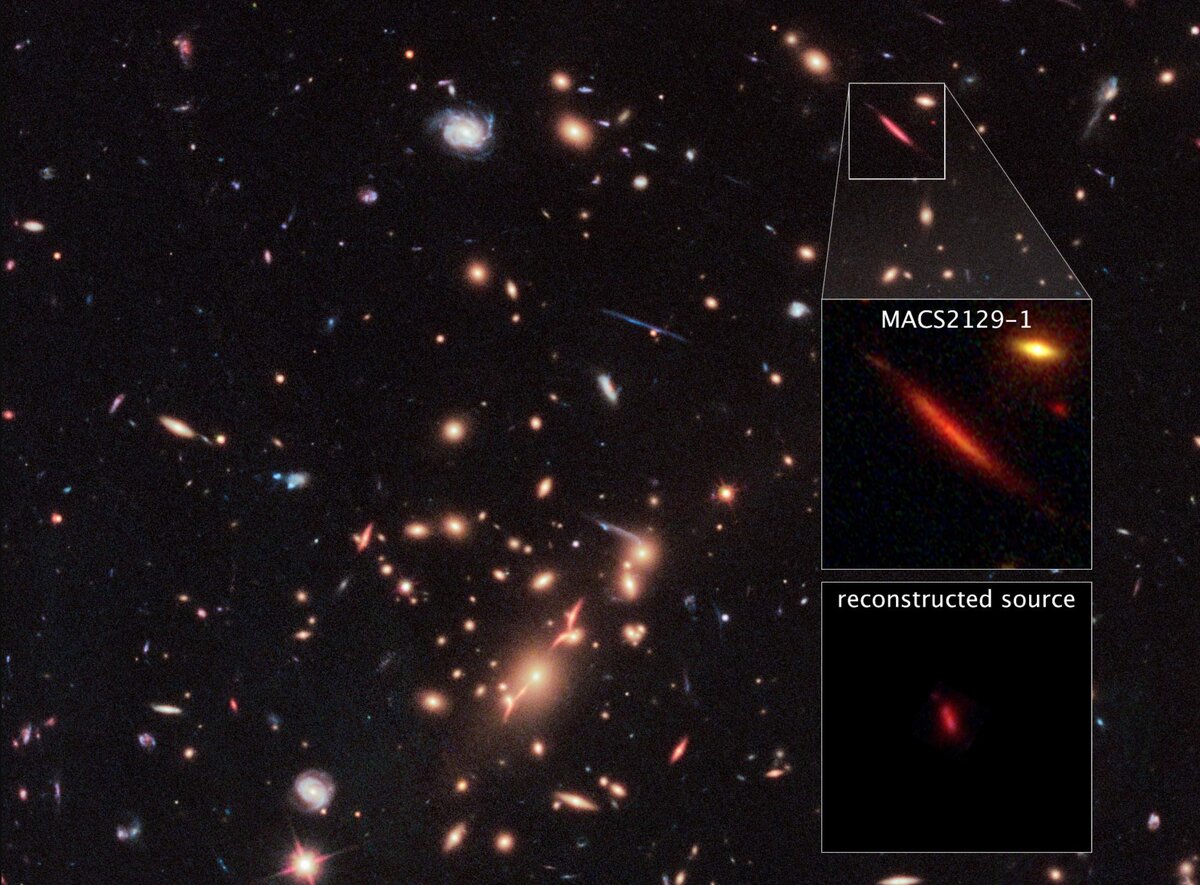 Изображение MACS 2129-1, полученное после коррекции искажений, вызванных гравитационной линзой