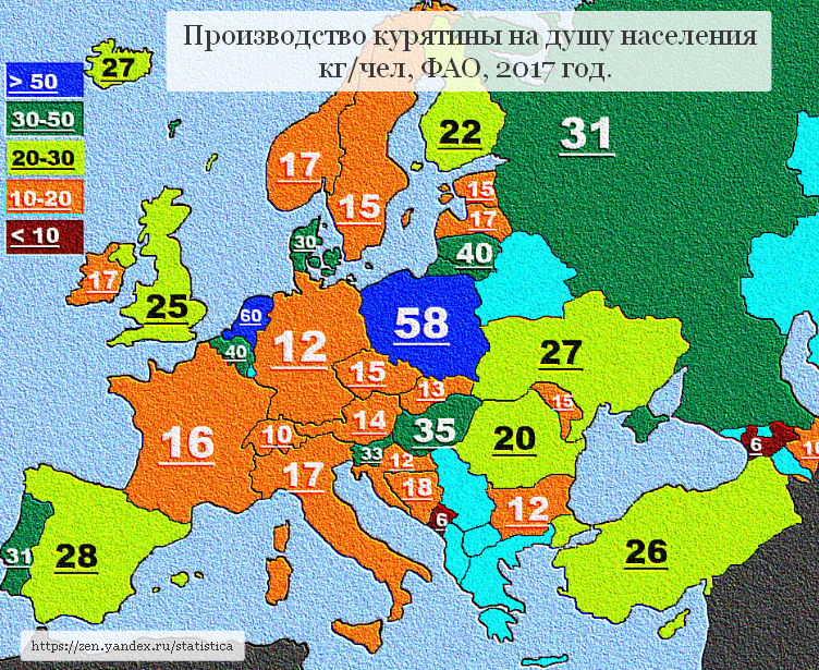 Производство курятины на душу населения в Европе в 2017 году (кг/чел)