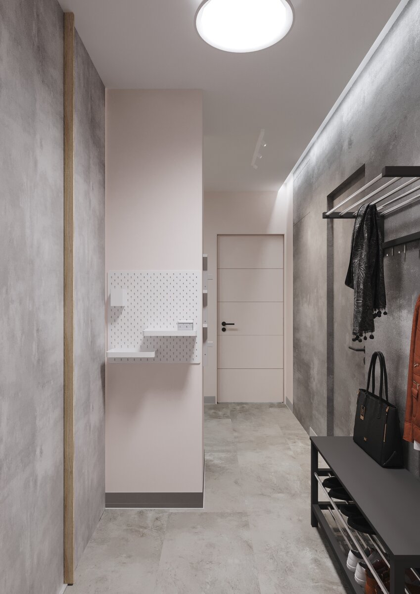 Прихожая.  Прямо по курсу -  СКОДИС Настенная панель, комбинация, белый, 36x56 см 1 326 ₽. Светильник- НИМОНЕ Светодиодный потолочный светильник, антрацит 2 999 ₽.  Светильник -  СКЕНИНГЕ Шина с 3 светодиодными софитами, белый, 9.5 см.  Слева раздвижные двери в гардеробную и шкаф из  ЛДСП F186 Бетон Чикаго светло - серый ST9, 2800 х 2070 х 16 мм (Egger) . 