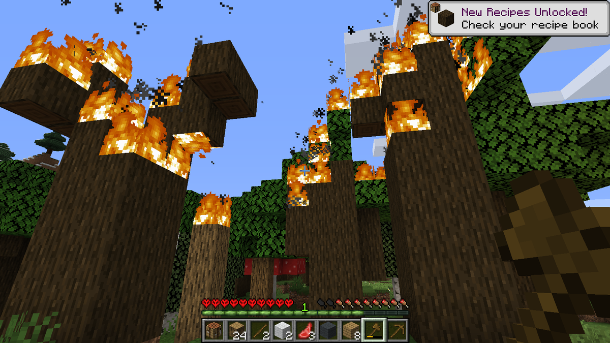 Заспавнился рядом с темным лесом, в начале игры не советую туда соваться - монстры здесь обитают и днем, и ночью. В этом лесу произошел пожар.