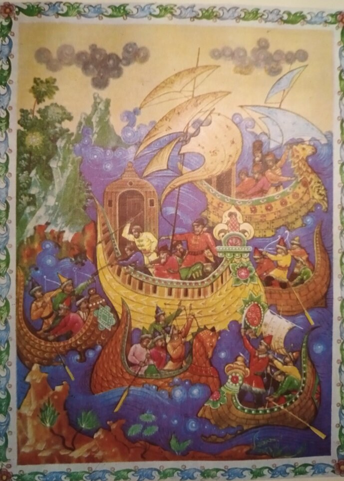 Так современные художники из посёлка Палех изобразили плавание Афанасия Никитина.