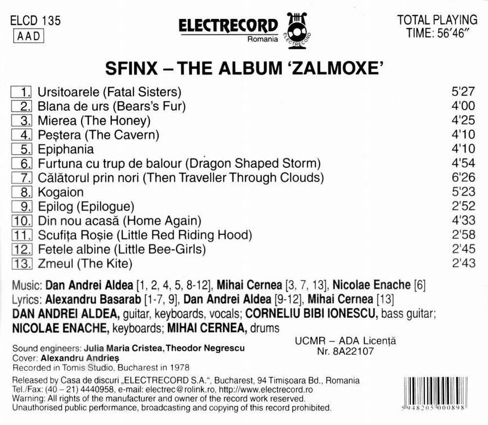 Sfinx. Zalmoxe 1978. Back. Обложка альбома.