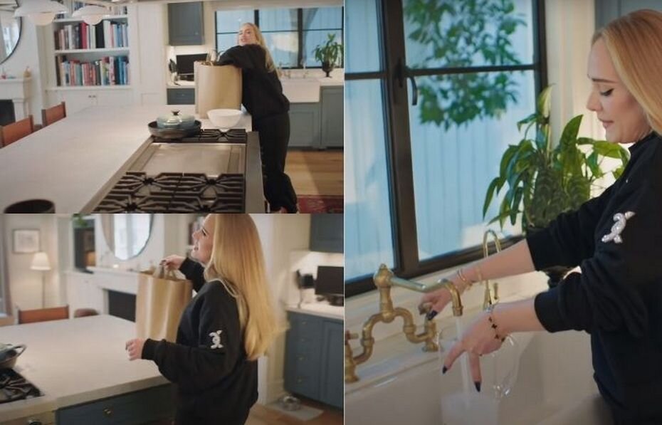 Адель на совей просторной кухне