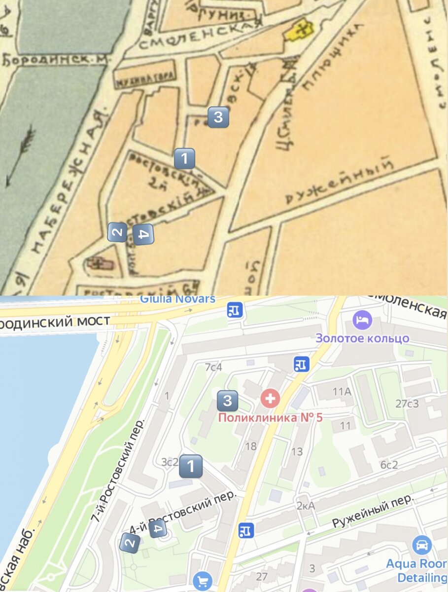 Карта района до революции (retromap) и сейчас (Яндекс.карты)