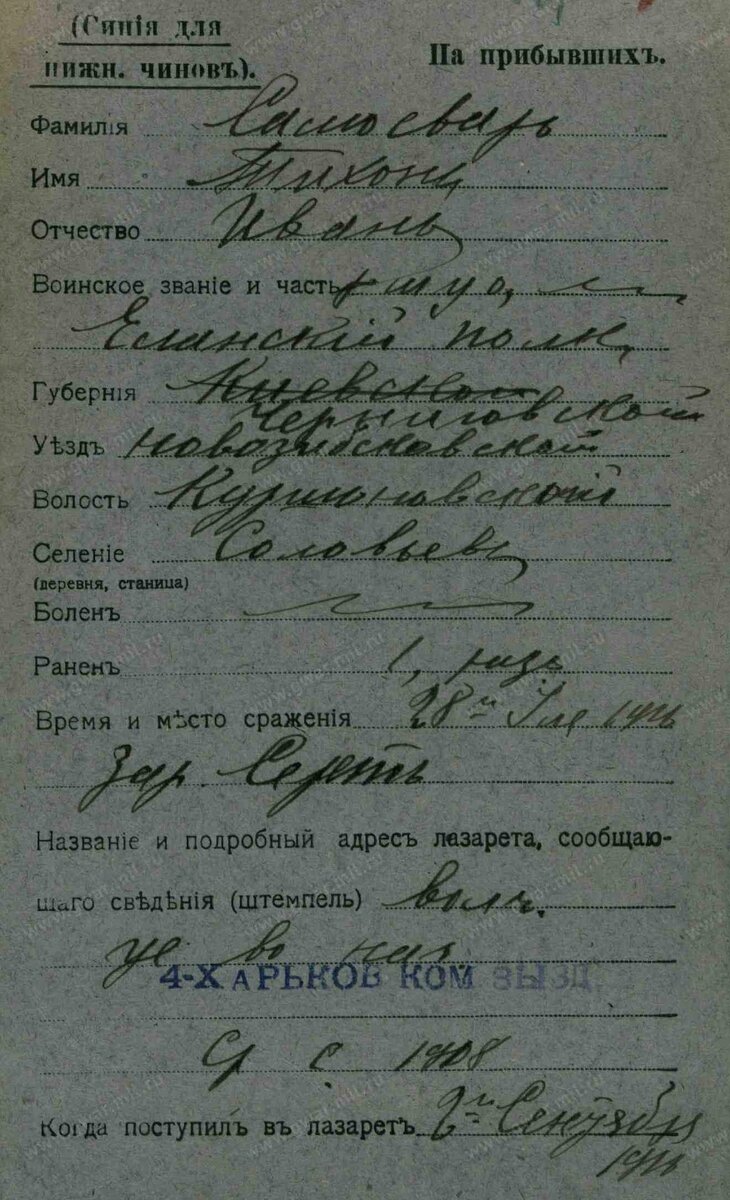 1916 год, карточка госпиталя: Самосват Тихон Иванович