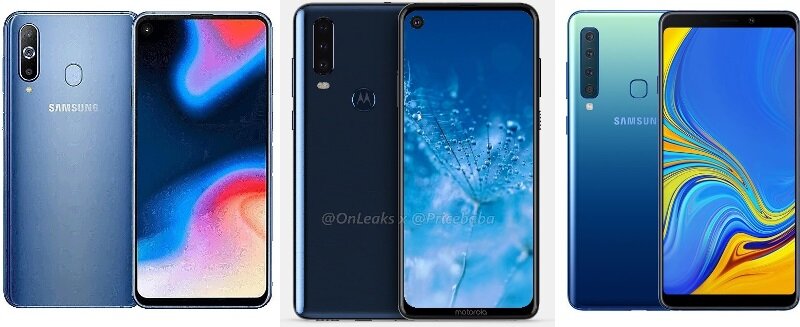 Galaxy A8s, Moto G8 и Galaxy A9. Фото: @OnLeaks х @pricebaba.com