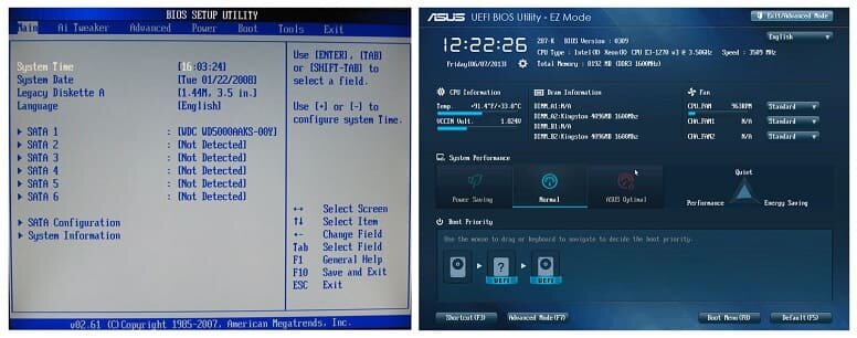 Слева — Стандартный интерфейс Bios, справа — UEFI. 