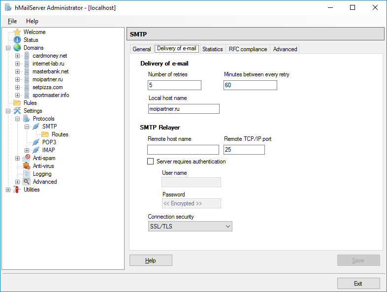 Change configuration. HMAILSERVER. Home Assistant SMTP настройка.