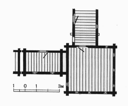 Стены рубленные гроднями. Мангазейский острог с посадом (1607г.). По раскопкам М.И. Белова (Источник: http://m-der.ru/store/10006298/10006335/10006343/ 