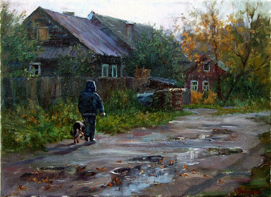 Дождь русский художник. Кладовка Левконои. Дождливая осень в деревне. Пасмурный день в деревне. Осень дождь деревня.