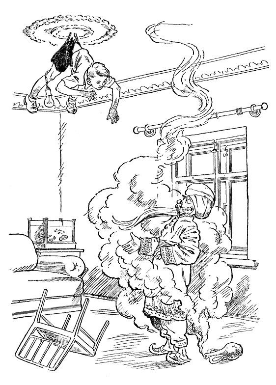 Пока Волька, раскачиваясь на крюке, пытался разобраться в том, что произошло, дым понемножку рассеялся, и Волька вдруг обнаружил, что в комнате, кроме него, находится ещё одно живое существо.