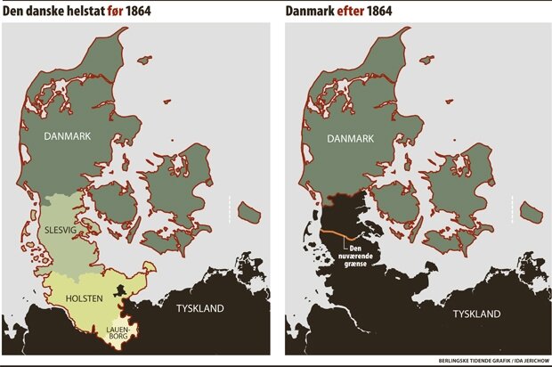 Карта Дании до 1864 года и после. Источник: https://grænsesti.dk/historier-fra-stien/graensedragningen-1864/graensedragningen-1864