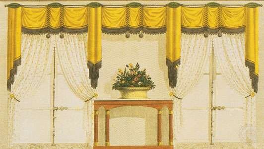 Оконные занавеси, состоящие из неподвижных шелковых драпировок с разделенными муслиновыми занавесками, около 1814 года; иллюстрация из парижского журнала Meubles et Objects de Goûtс любезного разрешения Музея Виктории и Альберта, Лондон; фотография, Филипп де Бей, Художественная фотография