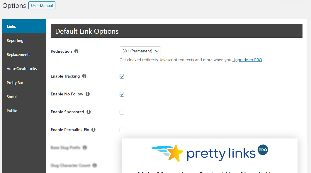 Раздел с настройками Options плагина Pretty Links 