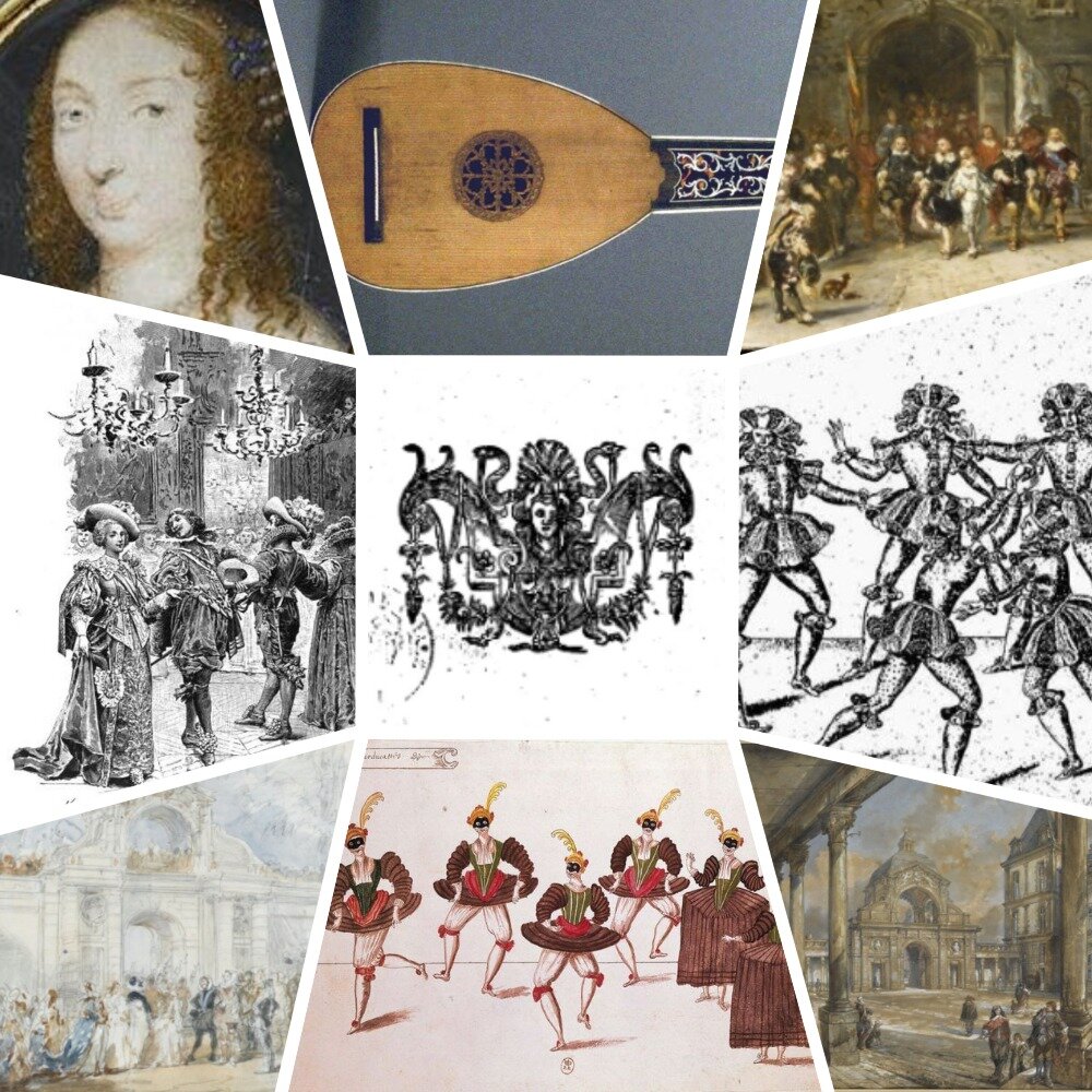 Портрет Мари де Отфор. Мандора. Балет при Людовике XIII. Костюмы. Фрагменты издания. Виды Блуа(вверху), Фонтенбло и Парижа при Людовике XIII.