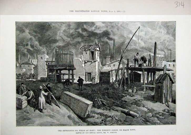 Нефтяной промысел в Черном городе (Баку). Гравюра В.Симпсона