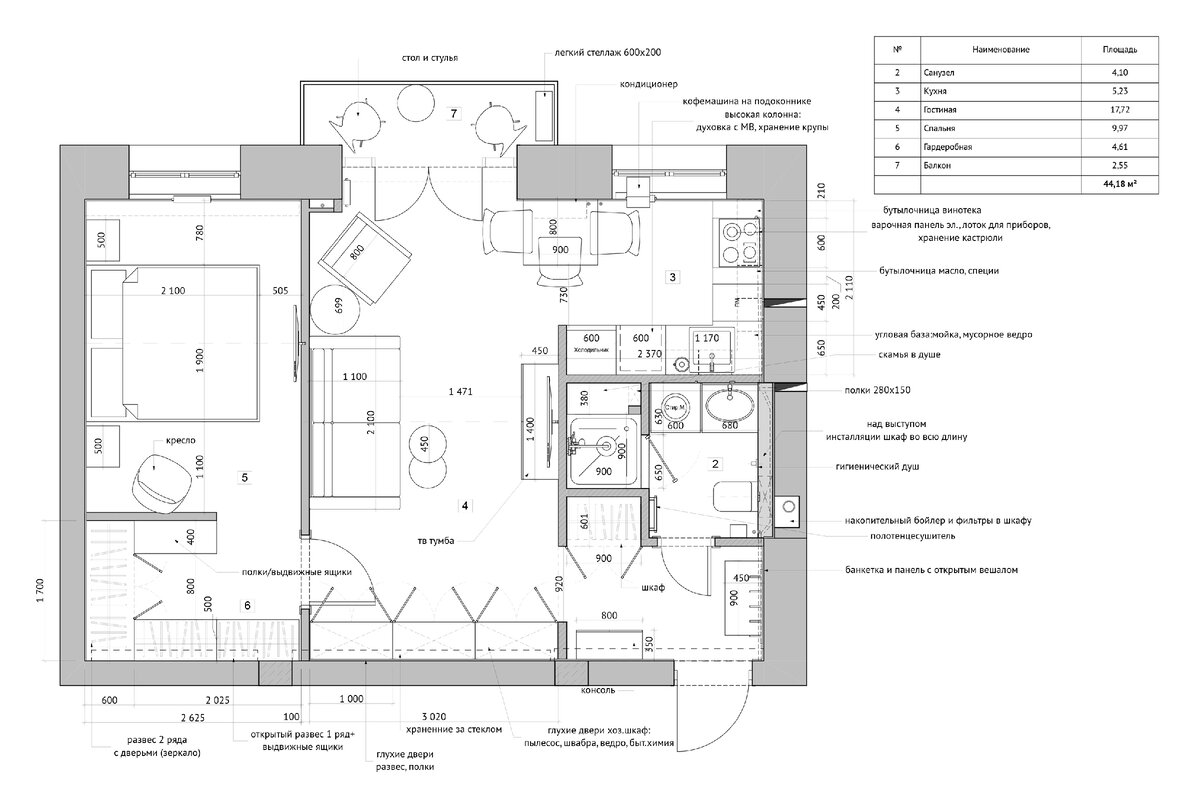 Квартира находилась в «убитом» состоянии, предстоял большой фронт черновых работ. Ненесущие перегородки демонтировали и возвели заново, оконно-дверной блок заменили на французское остекление. Чтобы объединить кухню с гостиной, вместо газовой плиты установили электрическую.