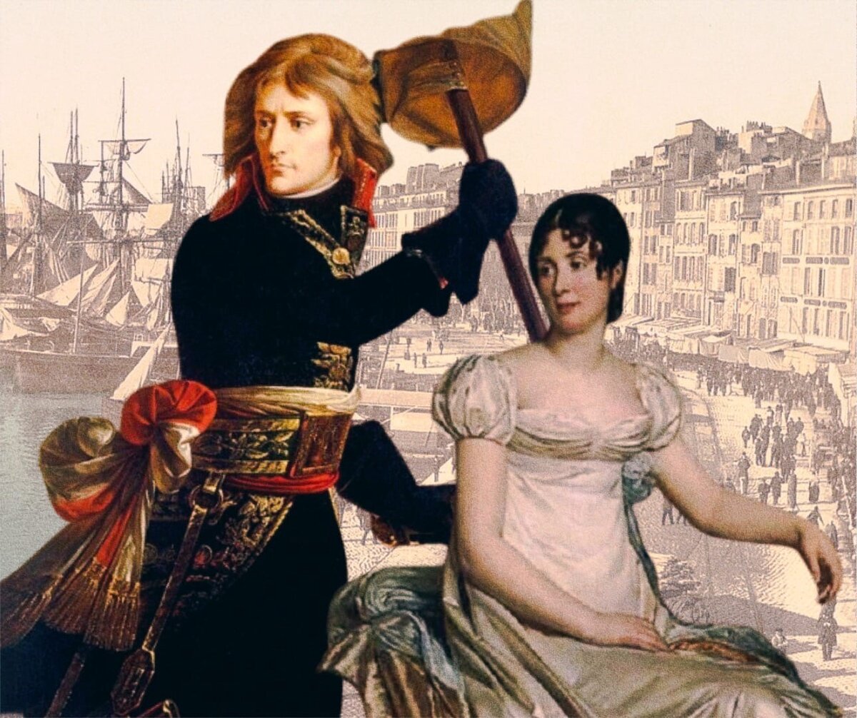 Юный Наполеон Бонапарт и его невеста Дезире Клари на фоне Марселя XIX века