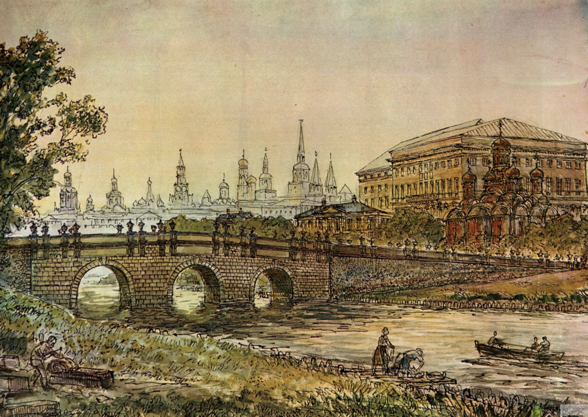 Кузнецкий мост, реконструкция К.К.Лопяло на конец 18 века, справа видна церковь Воскресения Словущего.