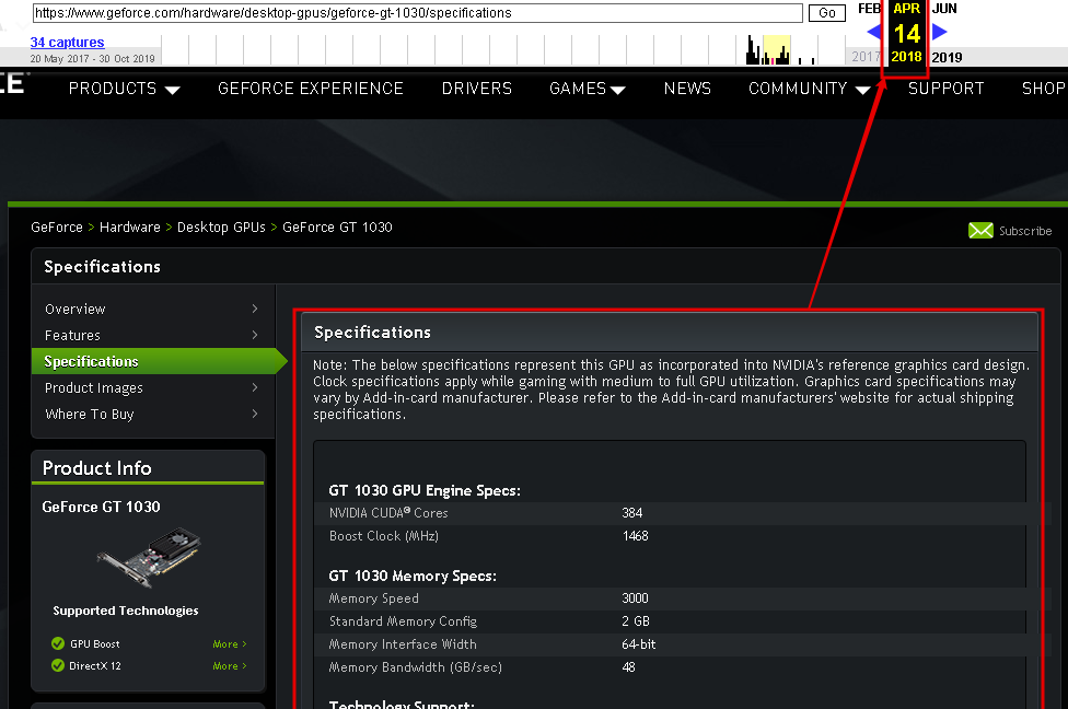 Архив страницы спецификации GT 1030 сайта NVidia, за апрель 2018 года