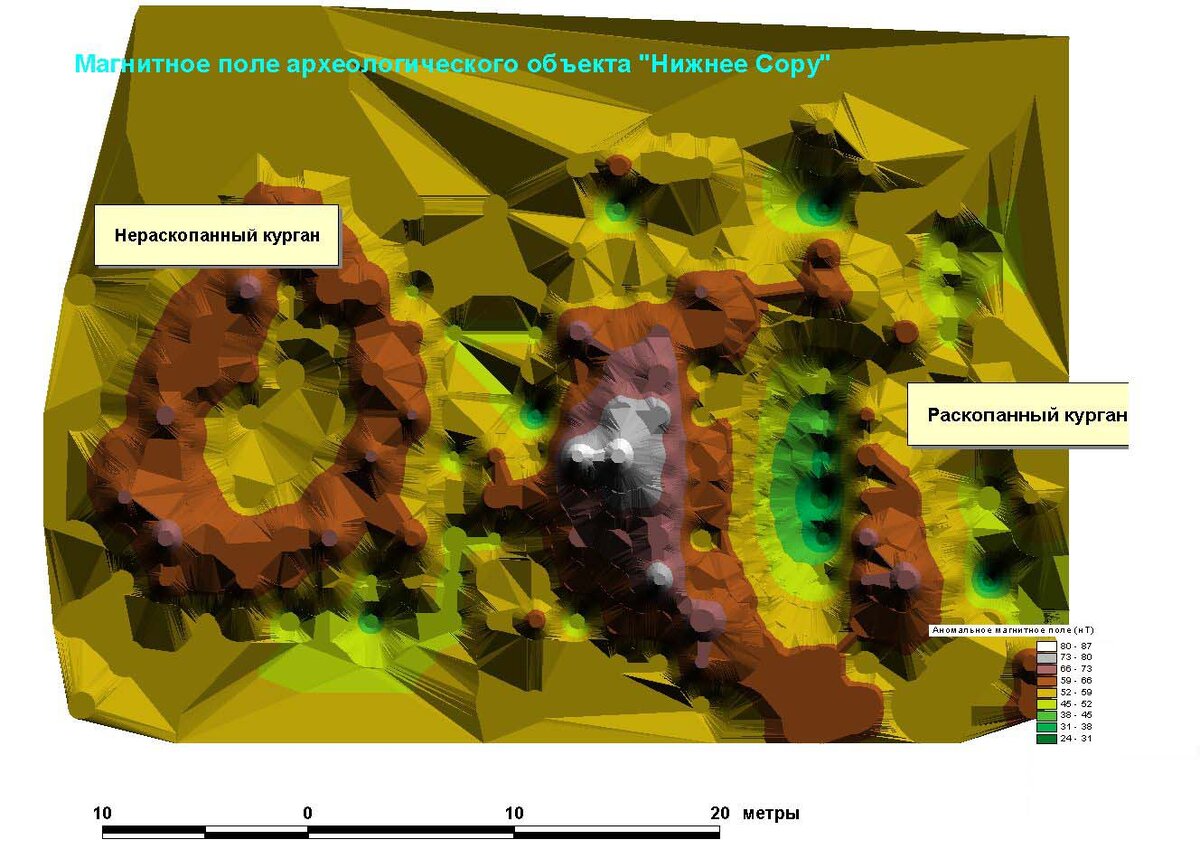 План магнитного поля раскопанного и не раскопанного курганов