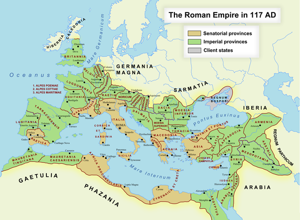 Римская империя. Источник: https://www.ancient.eu/image/266/roman-empire-in-117-ce/