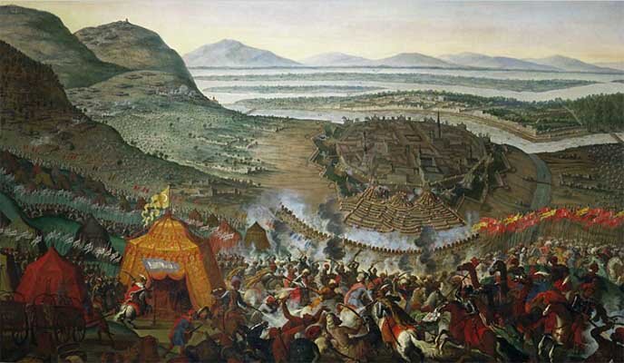 Картина голландского художника Франса Геффелса "Битва у Вены. 1683 г."  На переднем плане над шатром реет флаг с полумесяцем.