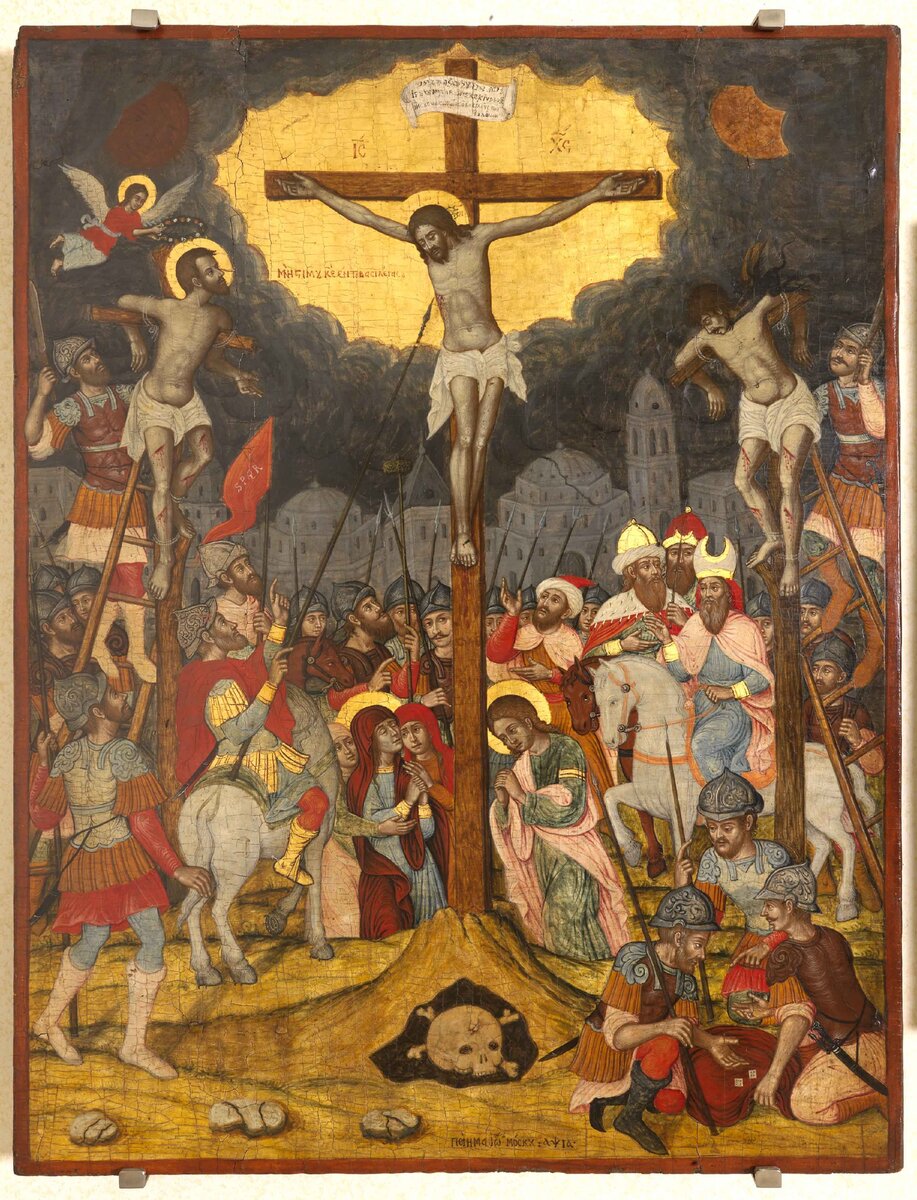 Икона Распятия «меж двух разбойников», 1711 год. По правую руку от Христа — Дисмас.