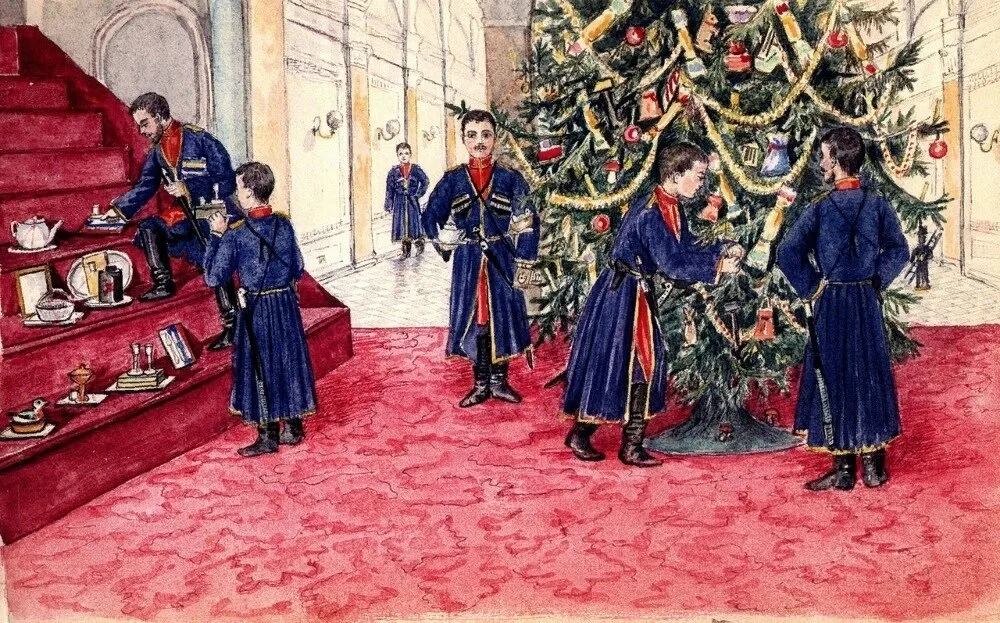 Украшение ёлки перед Новым годом и Рождеством в Гатчинском дворце. Рисунок дочери Александра 3 - Ольги