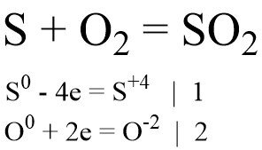 Реакция серы с кислородом. Атом кислорода - окислитель и принимает 2 электрона. Атом серы - восстановитель, и отдает 4 электрона.