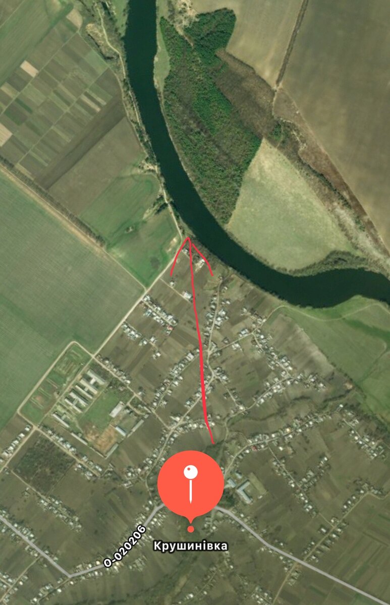 Крушиновка село. Красной стрелкой примерно то место с воспоминаний прабабушки, где «СС» со своими прихвостнями топили людей в реке «Южный Буг»