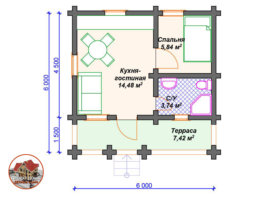 Маленький садовый домик 6х6 м., из бруса, площадью 31 м². Обзор ??