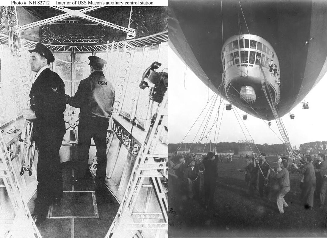 © public domain (Слева - рубка управления американским дирижаблем USS Macon (ZRS-5). Справа - причаливание дирижабля)