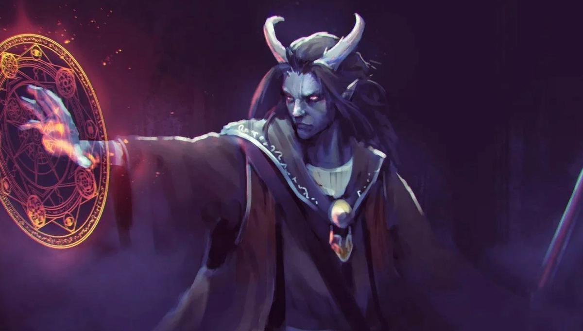 Колдун стоит лицом к лицу со своим врагом, создавая мистический заряд