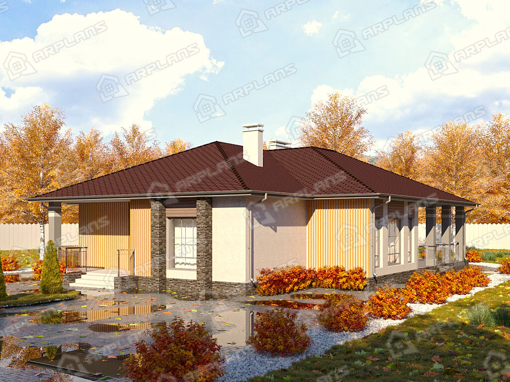 Фото 2 одноэтажного дома из газобетона с 2 спальнями, гостевой, газовой котельной и террасой. Общая площадь 200 кв м. Источник arplans.ru Проект К-227 