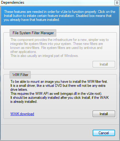 После запуска vLite требуется установка зависимости WAIK Vista