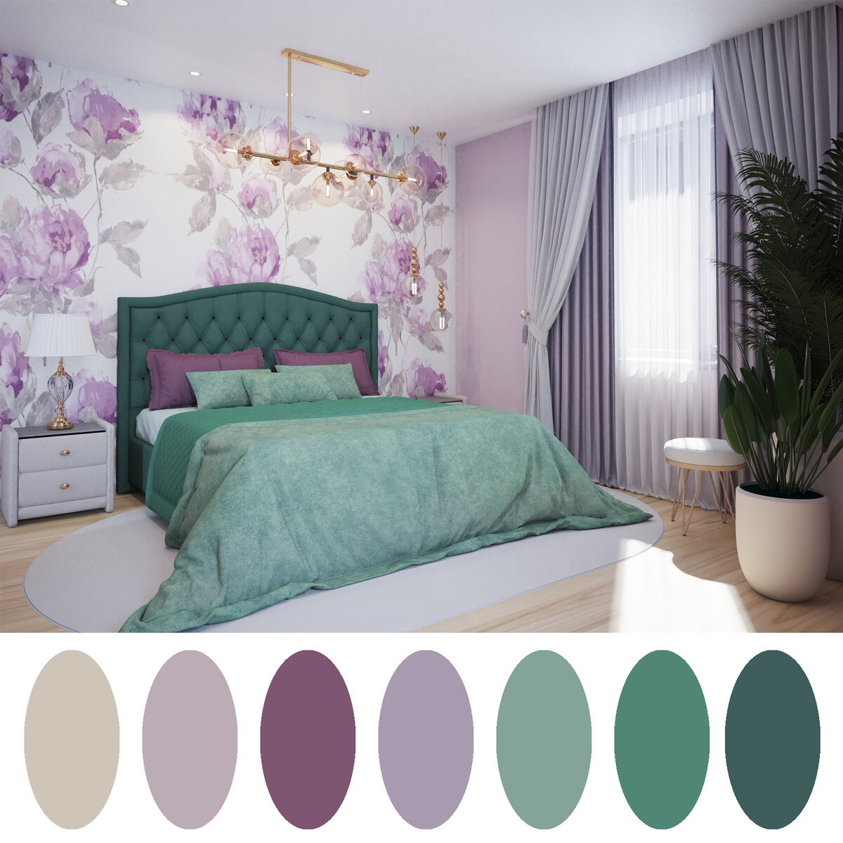 Вариант 1. Белые обои со сиренево-зелёными розами (3d графика авторов). 