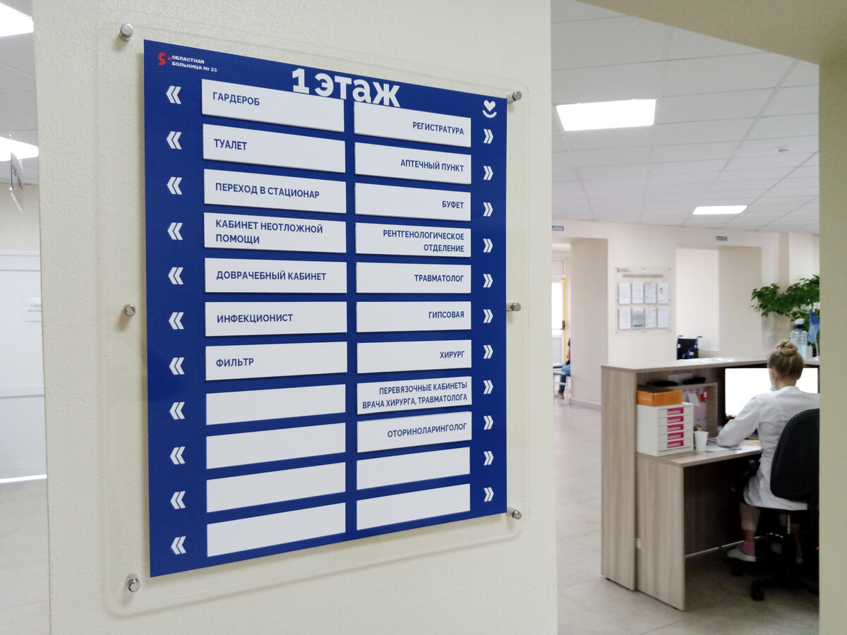 Информационные стенды с указанием всех кабинетов на этаже расположены на лестничных площадках и рядом с выходом из лифта.