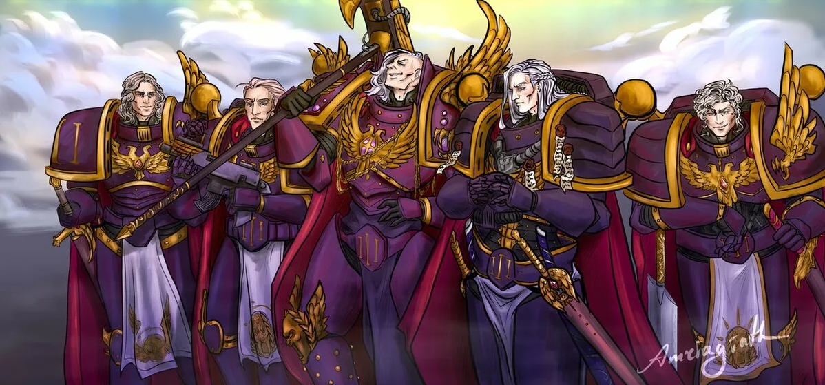 Крайний слева (возможно) - Саул Тарвиц, посередине - сам Эйдолон, крайний справа - Люций, справа и слева от Эйдолона (возможно) - Юлий Каэсорон, капитан 1 роты, и Соломон Деметр ,капитан 2 роты.