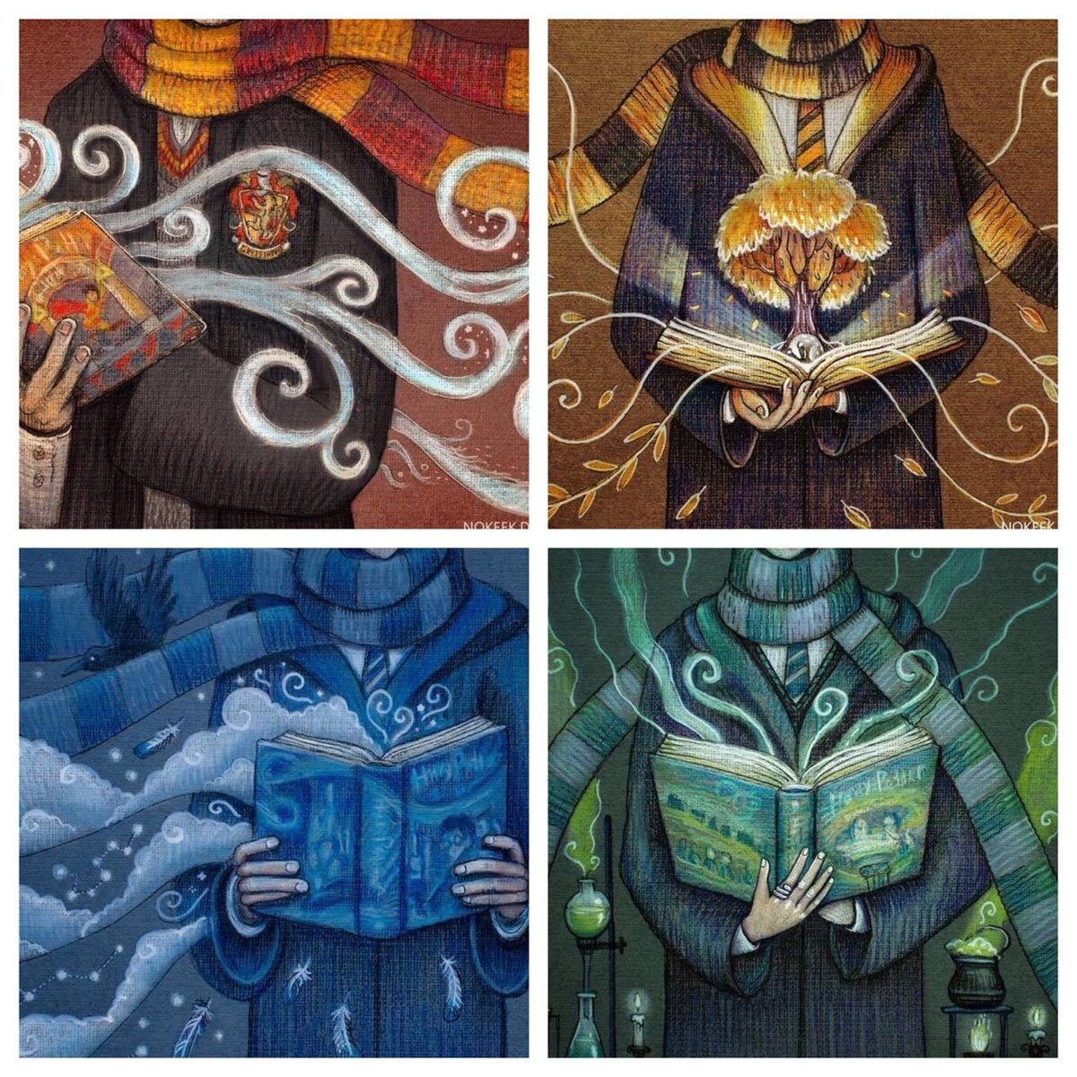 Гриффиндор - огонь. Когтевран - воздух. Пуффендуй - земля. Слизерин - вода.